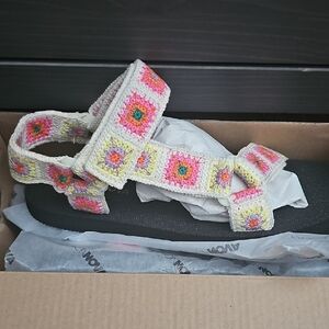 Crochet Patchwork Strap Sandals - Pink, Yellow & Green